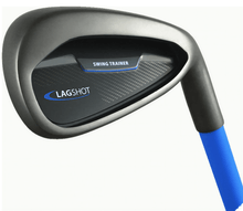 Load image into Gallery viewer, One grey metal golf iron with a blue shaft and LAGSHOT SWING TRAINER printed on the club head.