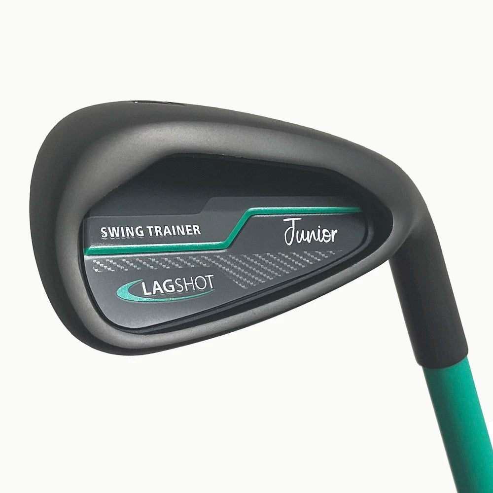 Black metal golf club head with green accents and a green shaft. Printed with LAGSHOT, SWING TRAINER, and Junior.