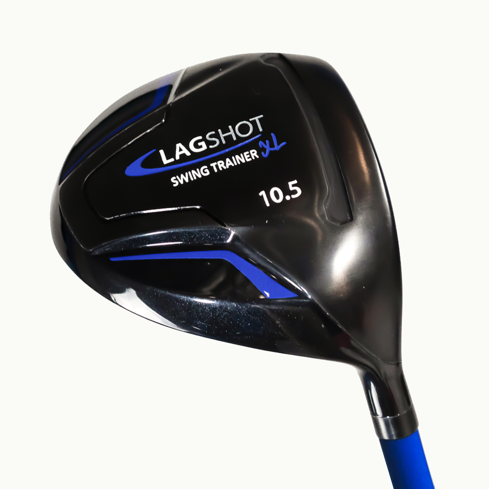 Black and blue metal golf club head with LAGSHOT SWING TRAINER XL and 10.5 printed on the sole.
